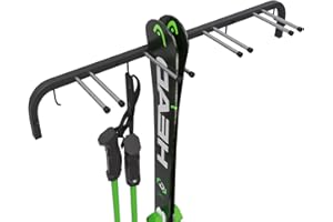 QLS Soporte para esquís de pared N3 para 4 parejas, 83 cm, bastones de senderismo nórdico, barra de ganchos con goma protectora para ahorrar espacio