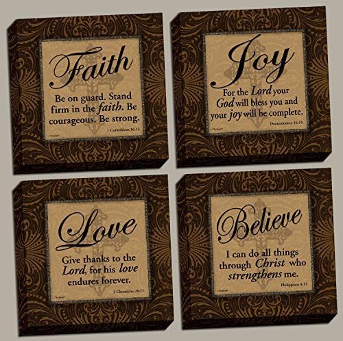 PosterArtNow Classic Religious Quotes; 1 Corinthians 16:13, Deuteronomy 16:15, 2 Chronicles 20:21, Philippians 4:13; Four 12x12in Ready to Hang hand stretched canvases