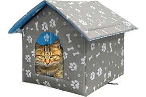 LUNNTE Maison pour chat pour l'extérieur - Résistante à l'hiver - Imperméable - Résistante aux intempéries - Avec rideau transparent amovible (impression grise, L)