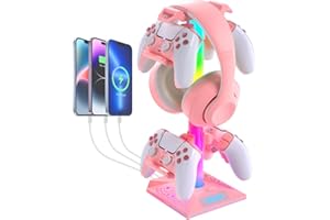 VCOM RGB Headphone Stand, Gaming Headset Stand with 10 Light Modes - Pink Controller Stand with 2 USB and 1 Type-C Ports for Gamer Xbox PS5 PC Gameing Headset Holder (Pink)