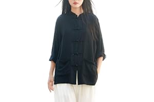 Lazutom Camicia da donna in cotone e lino con bottoni a forma di rana, colletto alla coreana, per arti marziali cinesi, Kung Fu Tai Chi, tunica