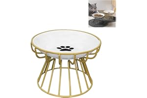 EHOTER Plato de cerámica elevado para gatos con soporte de metal, antivómito, apto para bigotes, antivómitos, plato de cerámica poco profundo para gatos y perros pequeños (estante dorado, plato de pata)