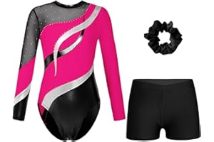 Oyolan Enfant Fille Justaucorps Gymnastique avec Short Ensemble Patinage Danse Gym Tenue Spectacle Costume 5-16 Ans