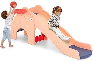 COSTWAY 4 en 1 Toboggan Enfant en Forme Éléphant avec Panier de Basketball, Toboggan Extérieur Intérieur en HDPE avec Ballon, Aire de Jeux pour Glisser & Grimper, Charge 50kg pour 18 Mois+(Rose)