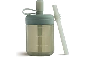Moonkie Botella Agua y Vaso Aprendizaje Bebe con Pajita Silicona - Sin BPA, 6+ Meses, Apto Para Lavavajillas, 5oz (Verde Grisáceo)