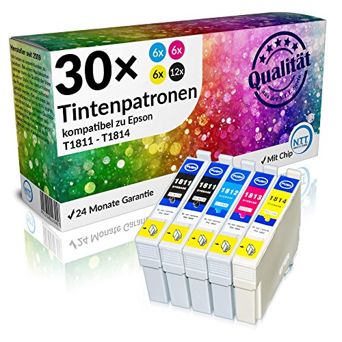 N.T.T.® 30 x Stück XL Druckerpatronen / Tintenpatronen kompatibel zu T1811-T1814 Epson Expression Home XP-102 ; XP-202 ; XP-205 ; XP-30 ; XP-302 ; XP-305 ; XP-402 ; XP-405 ; XP-405WH; XP-212 ; XP-215 ; XP-312 ; XP-315 ; XP-412 ; XP-415