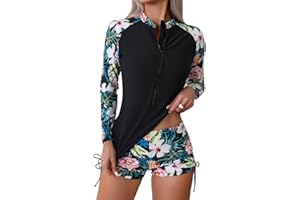 Owntop Maillot de bain 2 pièces à manches longues pour femme, maillot de bain anti-UV UPF 50+, gilet rashguard à fermeture éclair, maillot de bain floral avec bas taille haute, pour la natation et le