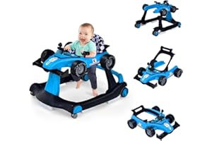 FANTASK 4 in 1 Lauflernhilfe, Lauflernwagen klappbar mit einstellbarer Höhe & Geschwindigkeit, Baby Walker Autoförmig mit Musikbox, Licht & Rädern (Blau)