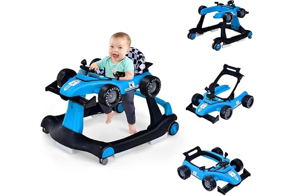 FANTASK Trotteur 4 en 1 pliable avec hauteur et vitesse réglables, en forme de voiture pour bébé, avec boîte à musique, lumières et roues, bleu