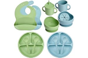 MumEZ Silikon Baby Geschirrset, Rutschfest Kindergeschirr Set mit Saugnapf, 14 Stück BPA Frei Esslernbesteck Sets mit Löffel Gabel Schüssel Lätzchen Becher Trinklernbecher und Teller