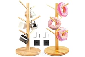 Zinueen 2 Stück Brezelständer,Brezelhalter aus Holz Natürliche Glatt,Donutständer 6-armig,Höhe 35cm,Platzsparend für Küche,Café,Bar(Holzfarbe)