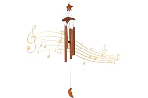 AUBESS Bambusowe Dzwonki Wietrzne 70 cm, Drewniane, z Gwiaździstym Księżycem i 5 Dostrojonymi Rurami do Zawieszenia na Zewnątrz, Ogrodu, Podwórka, Tarasu