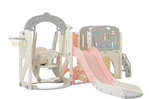 ‎HAINEW 10 in 1 Kinderrutsche für Innen und Außen, Kinder Spielplatz für den Garten, Kinder Gartenrutsche mit Meerestier-Motiv, Inklusive Rutsche, Schaukel, Bogentunnel, Basketballkorb und Teleskop (Rosa)