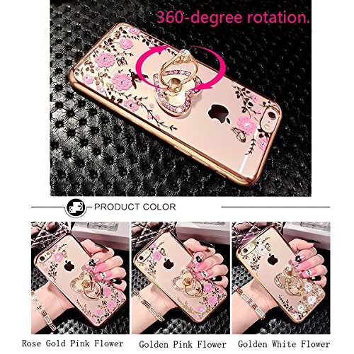 iPhone 7 Case,Ukayfe iPhone 7 Case [ with Love Heart Ring Grip/Stand Holder],Ultra Thin Clear TPU Bumper Case Cover for iPhone 7 4.7 inch, [Electroplating Technology] Pink Flower Butterfly Bling Glitter Diamond Transparent Rubber Rose Gold Plating TPU Soft Silicone Case Cover for iPhone 7 4.7 with 1 x Black Stylus