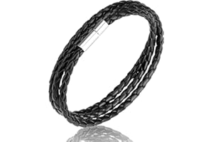 IBEIKE Braided Leather Bracelet for Men - Classic Triple Wrap Braided Black Cuff Bracelet with Magnetic Clasp, High-Durability Rope Bracelet Accessory Perfect for Any Outfit & Occasion 58cm