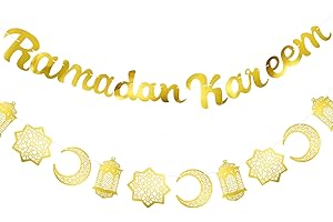 Tatuo 2 Pieces Ramadan Kareem Banner Gold Glittery Banner Decorations and Moon Stars Lantern Garland Party Decorative Eid Festival Hanging Garlands for Home Party Supplies Ramadan