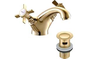 HEXMIXER Golden Victorian Bathroom Sink Tap for Basin with Pop Up Sink Plug Dual Cross Lever Brass Swan Neck Bathroom Tap Mixer Traditional Basin Mixer Tap 044GO