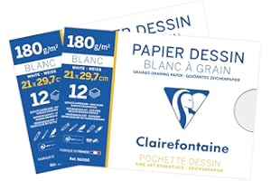 Clairefontaine 196155AMZC - Lot de 2 - Pochette Dessin Scolaire - 12 Feuilles Papier Dessin Blanc à Grain - A4 21x29,7 cm 180g - Idéal pour les Arts Plastiques