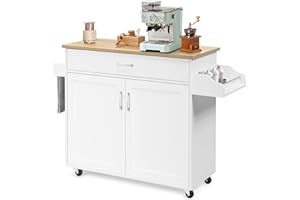 ‎GIANTEX GIANTEX Küchenwagen mit Arbeitsplatte, Küchenschrank mit Rollen, bewegliche Kücheninsel, Servierwagen Rollwagen Holz, Küchenrollwagen mit Schublade, Küchentrolley im Landhausstil, Gemüsewagen Weiß