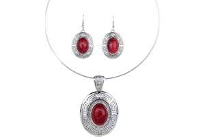 YAZILIND tibetain Declaration Ovale Argente Rouge Turquoise Pendentif Collier Boucles d'oreilles Bib Bijoux