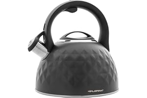 FLORINA Diamond Tetera con Silbato 2,5 L, Diseño Moderno, Hervidor de Agua Acero Inoxidable, Inducción, Vitrocerámica, Todo Tipo de Cocinas, Gris