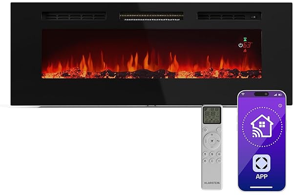 Klarstein Galeras Smart Cheminée électrique Effet de Flamme Murale - 1800 W, LED Réaliste, Contrôle par appli & Télécommande, Couleurs & Luminosité Réglables, Protection Contre la surchauffe