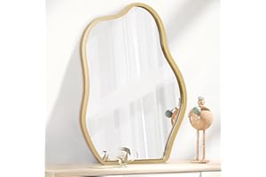 LZUSO Gold Mirror for Wall Decor Small Asymmetrical Modern Wooden Framed Hanging Wall Mirror Unique Shape Wall Mounted Vanity Artistic Mirror Decorative for Living Room Bedroom Bathroom Entryway