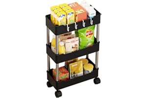haipky Multipurpose Rolling Trolley, Removable Storage Organizer Rack Shelf With Wheels for Bathroom Bedroom Kitchen Laundry Fruit Vegetable Snack Sundries Cosmetics Toiletries (Black 3 Tiers,Narrow)