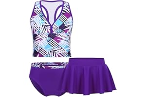 Freebily Enfants Filles Maillots de Bain 3 pcs (Haut + Culotte + Jupe) Ensemble Vêtement de Bain Sport Danse Bikini Tenues Bikini pour Enfant 3-16 Ans