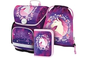 Baagl Schulranzen Mädchen Set 3 Teilig, Ergo Schultasche für 1. Klasse, Ergonomische Grundschule Ranzen Tornister mit Brustgurt (Pferd)