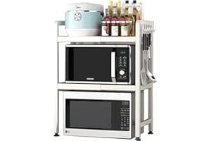 Vinteky Estante Extensible para Horno Microondas de 3 Niveles con 3 Ganchos para Colgar, Soporte para Microondas Ajustable, Estante para Horno de sobre Encimera de Cocina, Blanco