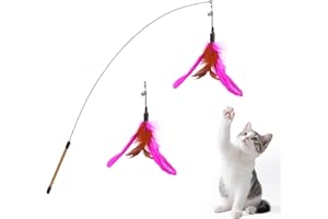 Pawaboo Giocattolo per Animale Domestico, Bacchetta con Piuma Volante e Campanella per Caccia e Canzonatura per Gatto, di Extra Lunghezza 88 cm, Rosa + Rosso Marrone