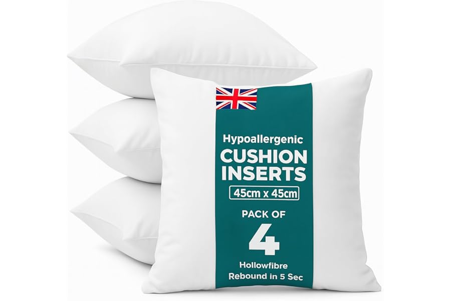 C Stores Cushion Inserts 45cm x 45cm (Pack of 4) for Indoor/Outdoor Sofas and Beds, Square Cushion Pads Fillers, Cushion Inners, Anti-Allergy Cushion Supportive Bounce Back Comfort, 18 x 18 Inch