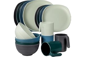 Greentainer Zestaw naczyń z tworzywa sztucznego, lekki i nietłukący się kompletny zestaw, talerze, miski, filiżanki, serwis stołowy dla 4 osób, idealny dla dzieci i dorosłych, do wielokrotnego użytku