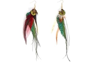 COIRIS Boucles d'oreilles pendantes longues et légères en plumes naturelles en forme d'œil (ER1217), imitation cuir acrylique, sans pierre précieuse, Similicuir et acrylique, Pas de gemme