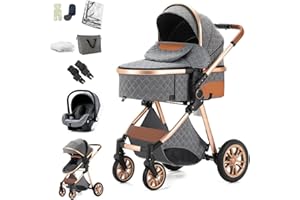 BEBBY Kombikinderwagen 3 in 1 Reisesysteme Standardkinderwagen Kinderwagen Buggy Neugeborener Tragbarer Reisewagen Faltbarer Aluminium Kinderwagen High Landscape Kinderwagen (Grey gold-6)