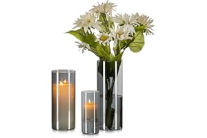 ‎HEWORY Hewory Vase Schwarz für Deko Wohnung: 3 Vasen Set Vase Glas Grau Schick Blumenvase Modern Glasvasen für Tischdeko - Schönes Windlicht Glas Schwarz Glasvase Zylinder für Geschenk Freundin Esstisch Deko