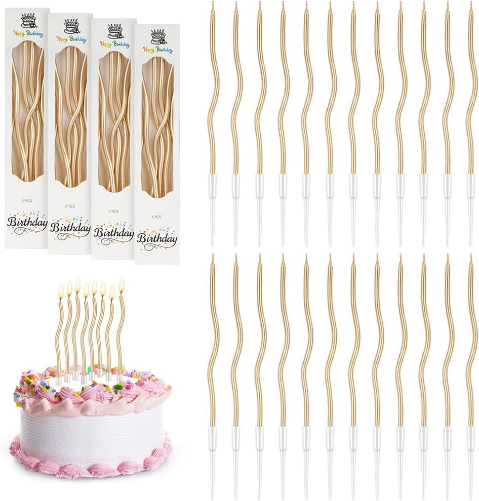 URAQT Lot de 24 bougies métalliques, or champagne, bougie ondulée | avec supports, bougies d'anniversaire, bougies de gâteau, décorations pour fêtes, accessoires de fête