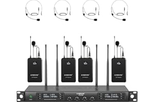 Phenyx Pro Sistema de microfono inalámbrica UHF de 4 canales con exploración automática, 4 Bodypacks/Auriculares/Micrófonos de solapa, 4x40 frecuencias, 328ft Cobertura, para iglesia, DJ (PTU-7000-4B)