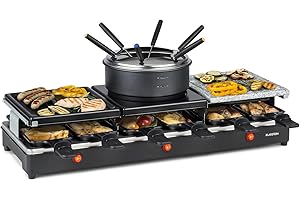 ‎KLARSTEIN Klarstein Fonduelette XL - 3-in-1 Raclette-Grill & Fondue, 1650 Watt: Metall- /Naturstein-/Crêpesplatte, 3 separate Edelstahl-Heizelemente, bis 12 Personen, Antihaftbeschichtung, schwarz