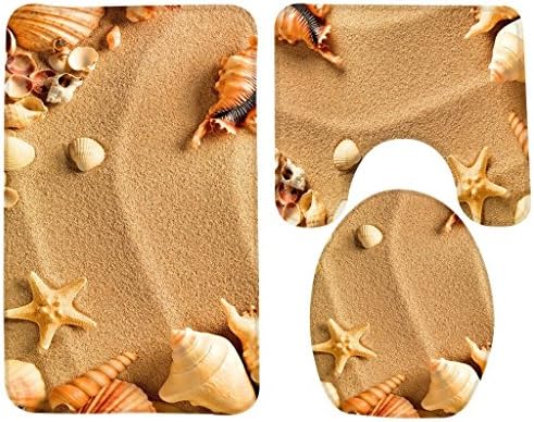 YOOSANG Bath Mat,Beach,Sea Shell Bathroom Carpet Rug,Non-Slip 3 Piece Bathroom Mat Set