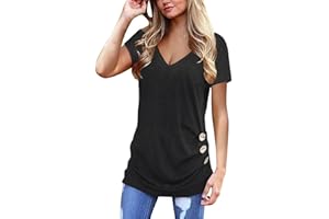 Jescakoo Damen T Shirt Oversize Sommer V-Ausschnitt Sexy Oberteile Tops lässige Basic Kurzarm lang Tunika Casual Bluse mit Knopf