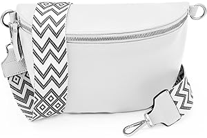 GLAMONDO Vegan-Leder Crossbody Bag mit gemustertem Gurt für Damen, Frauen Bauchtasche, Umhängetasche, Hip Bag, Gürteltasche, Crossbag (Weiß)