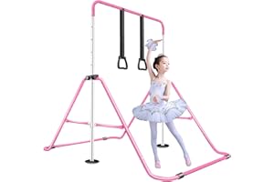 BPB Gymnastics Bars, Folding Horizontal Bar Gymnastics Training Equipment, Junior Training Kip Bar Adjustable Height with Gymnastic Rings for Kids Expandable Gymnastics Training Bar
