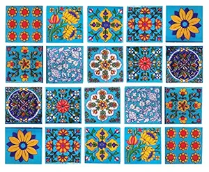 Shiv Kripa Blue Pottery Floral Decorative Flooring Wall Crafted Tabletop Interior Exterior Traditional 2 x 2 inch Tiles Pack of 20 Tiles (Sky Blue & Multi)