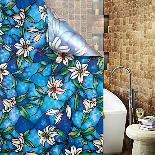 Zanbringe 17.7x78.7 Inches(45x200CM) Non-Adhesive Blue Lily Static Cling Privacy Window Film