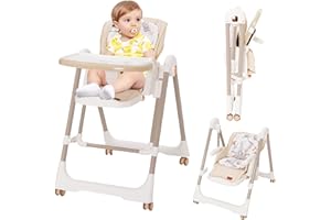ARKYOMI Foldable Highchair, Baby High Chair with Harness & Lockable Wheels, Height Adjustable Baby High Chair with Removable Tray for Baby & Toddler from 6 Months to 3 Years