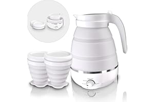 Bouilloire électrique pliable, bouilloire de voyage avec 2 tasses pliables, chaudière portable avec plusieurs réglages, chauffe - eau pliable pour thé au café au lait (Blanc)