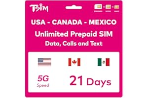 TSIM Carta SIM Prepagata USA per 21 Giorni | Dati Illimitati 4G/5G negli USA + 5GB Dati Canada/Messico | Chiamate Locali Illimitate | Chiamate e SMS Gratuiti in Arrivo
