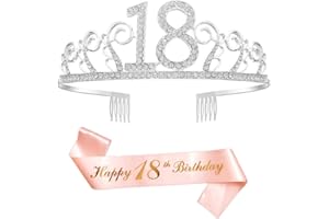 REYOK Feliz Cumpleaños 18th,18th Plata Cristal Tiara Corona de Cumpleaños, Banda de Satén Brillante Rose Gold 18th Birthday Sash, Regalo de 18 Cumpleaños